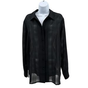 Liz Baker Sheer Shirt WMNS 14 Black Textured Grid Long Sleeve Button Up Bouse